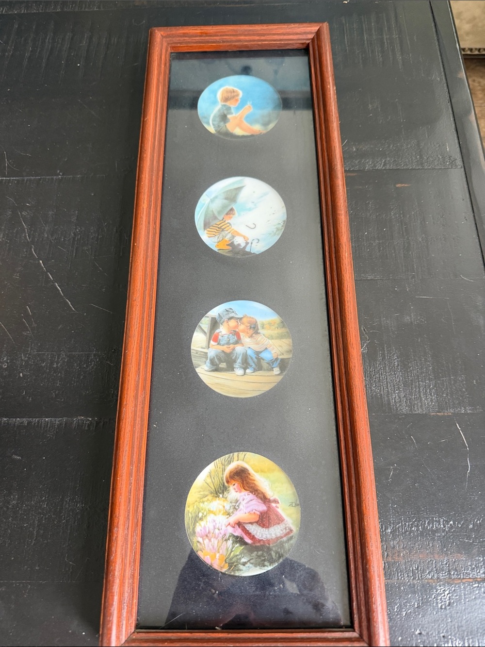 Framed Ceramic Art Plaques - Set of 4 in Brown Frame